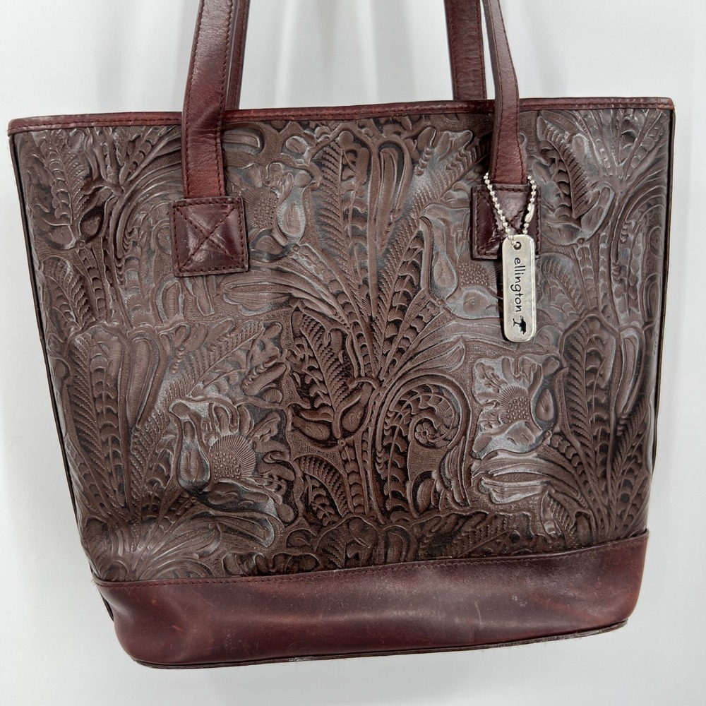 Ellington Tooled Leather Shoulder Bag Brown Floral Double‎ Strap Western Cowgirl